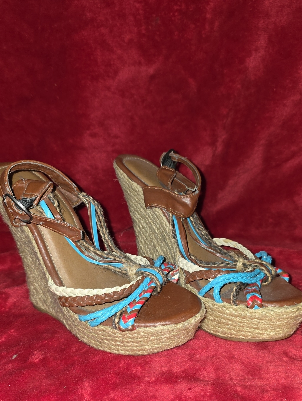 Rue21 Brown Wedge Sandals with Blue and Red Accents